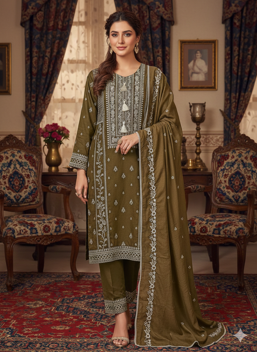 Olive color modal silk embroidered kurta pants and dupatta
