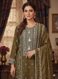 Olive color modal silk embroidered kurta pants and dupatta