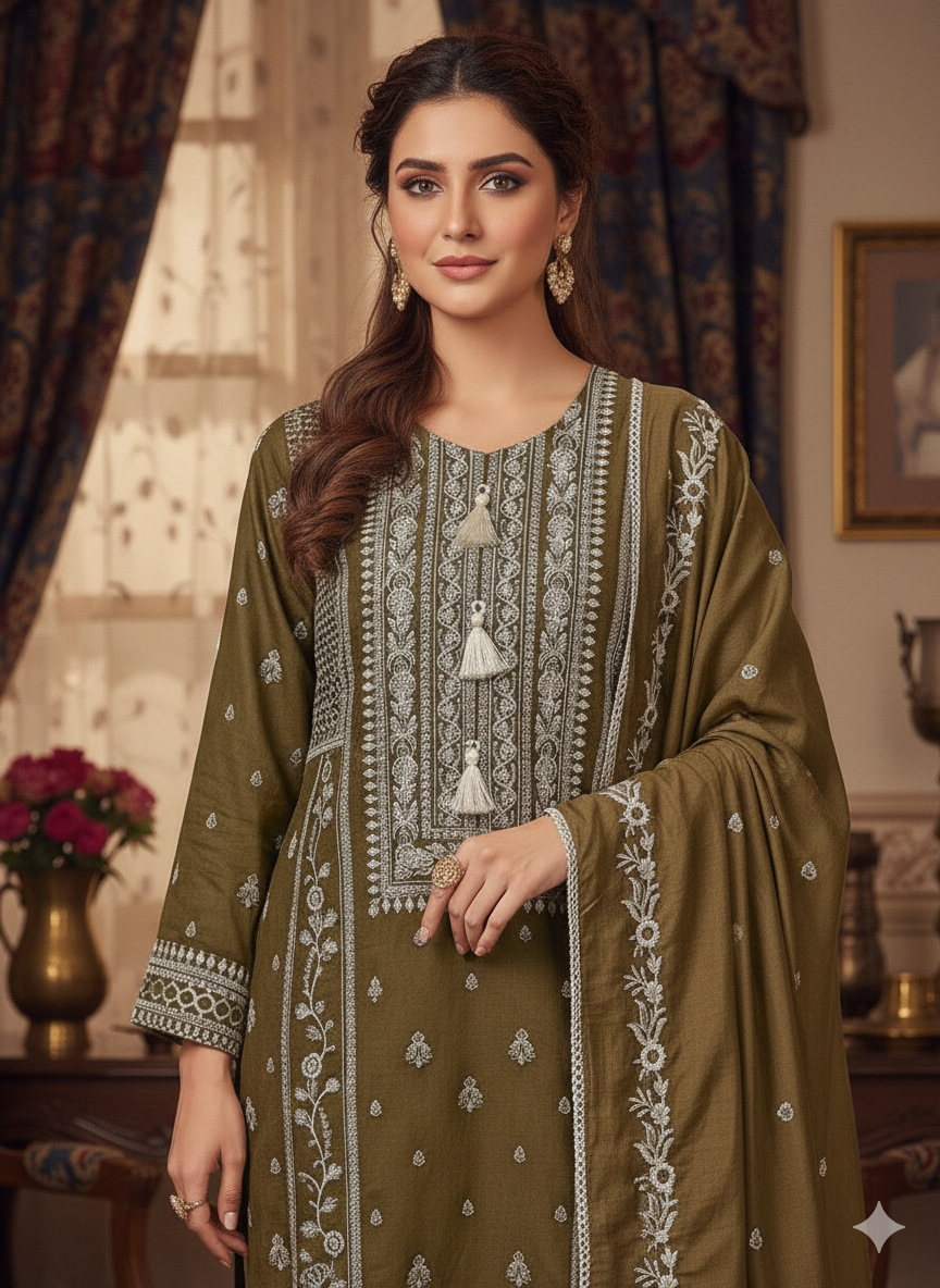 Olive color modal silk embroidered kurta pants and dupatta