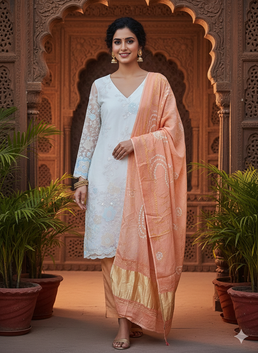 White net fabric kurta with peach and blue embroidery with satin inner and peach bandhani dupatta
