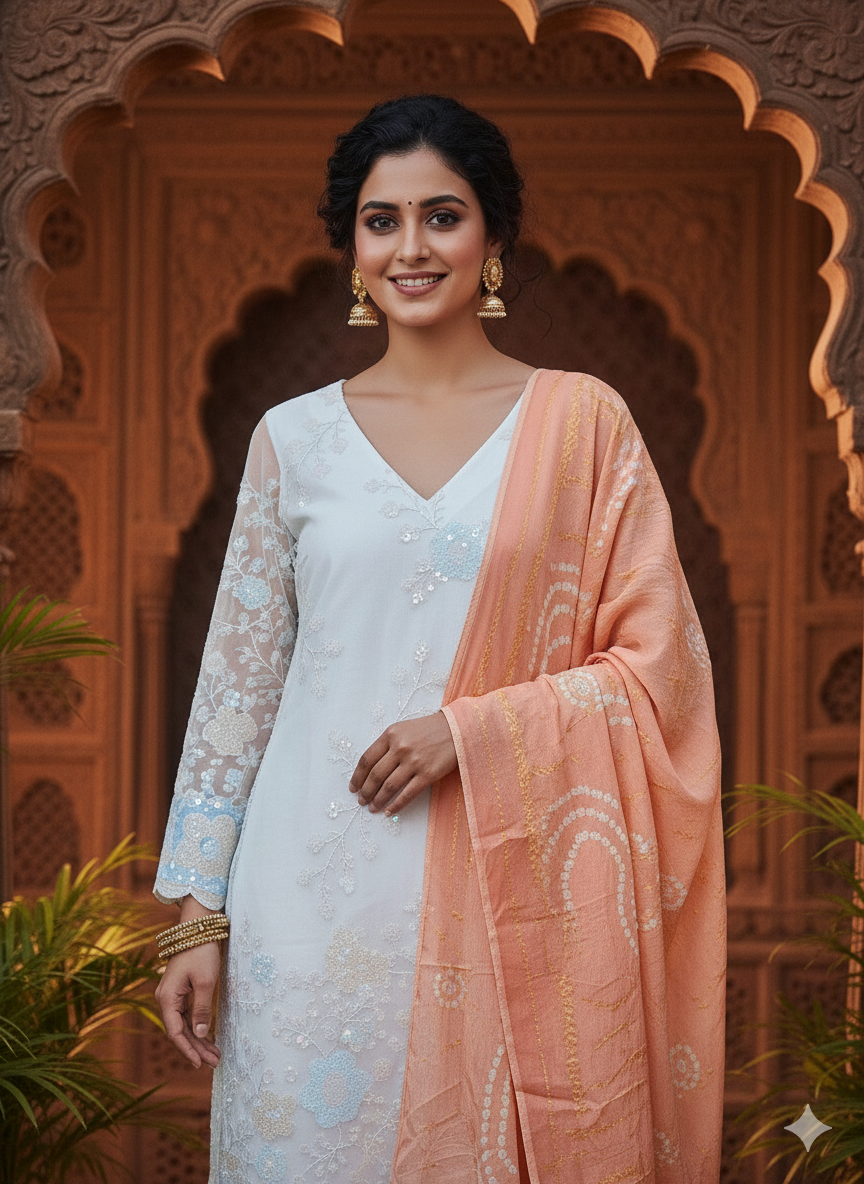 White net fabric kurta with peach and blue embroidery with satin inner and peach bandhani dupatta