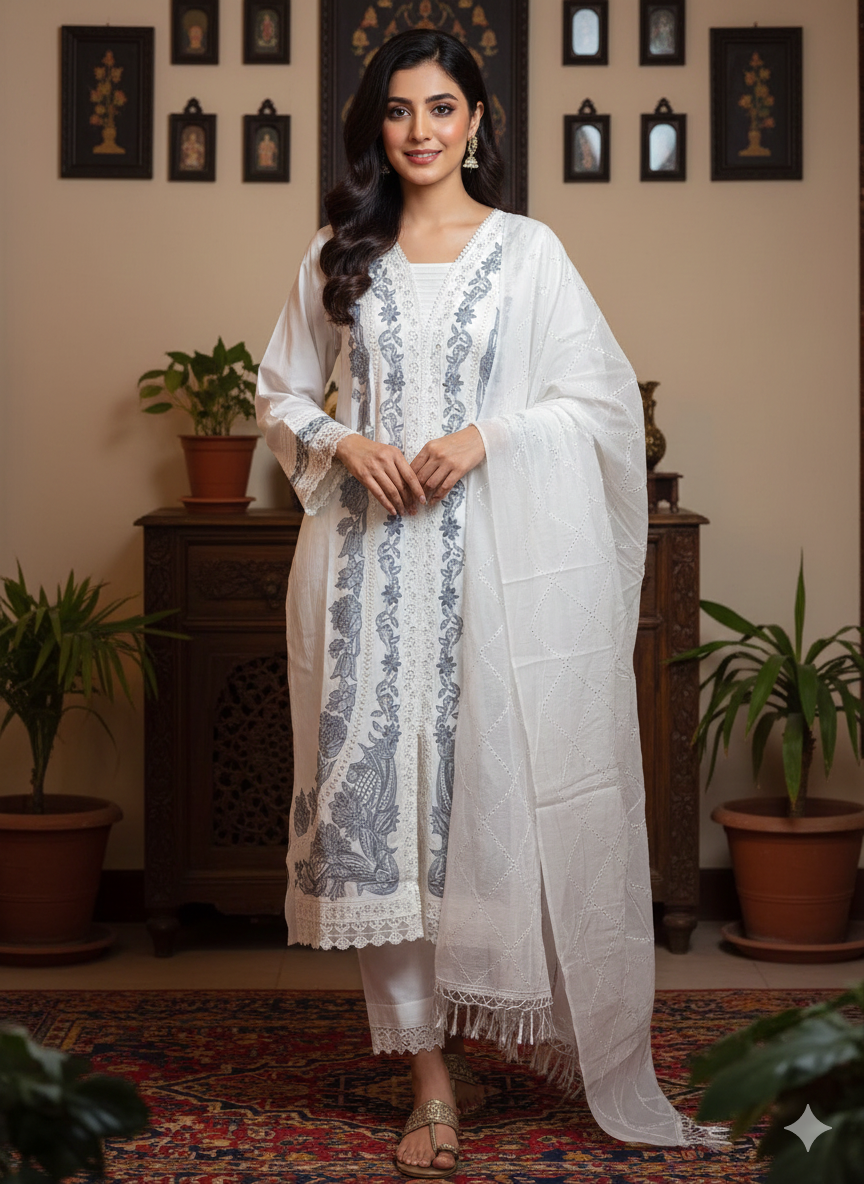 White cotton silk embroidered kurta pants and dupatta
