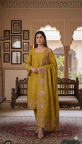 Mustard color silk kurta pants and dupatta with beautiful thread work