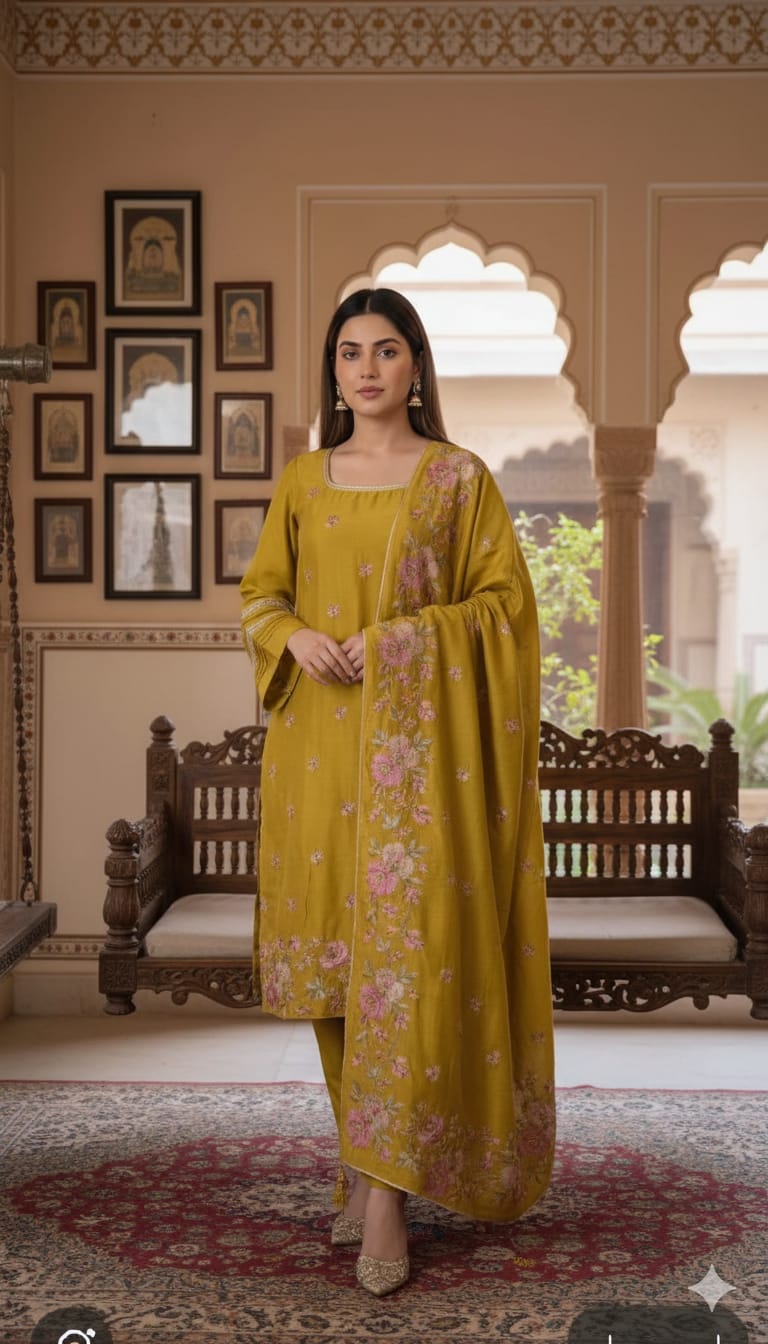 Mustard color silk kurta pants and dupatta with beautiful thread work