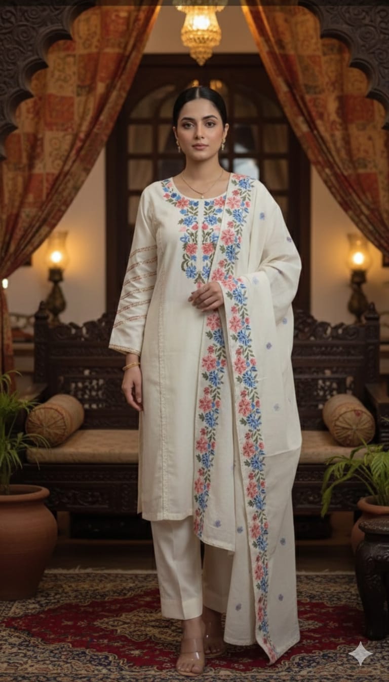 Off-white lawn kurta pants and dupatta with beautiful thread work