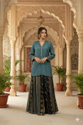Aqua green short satin silk kurta with full flair printed palazzo