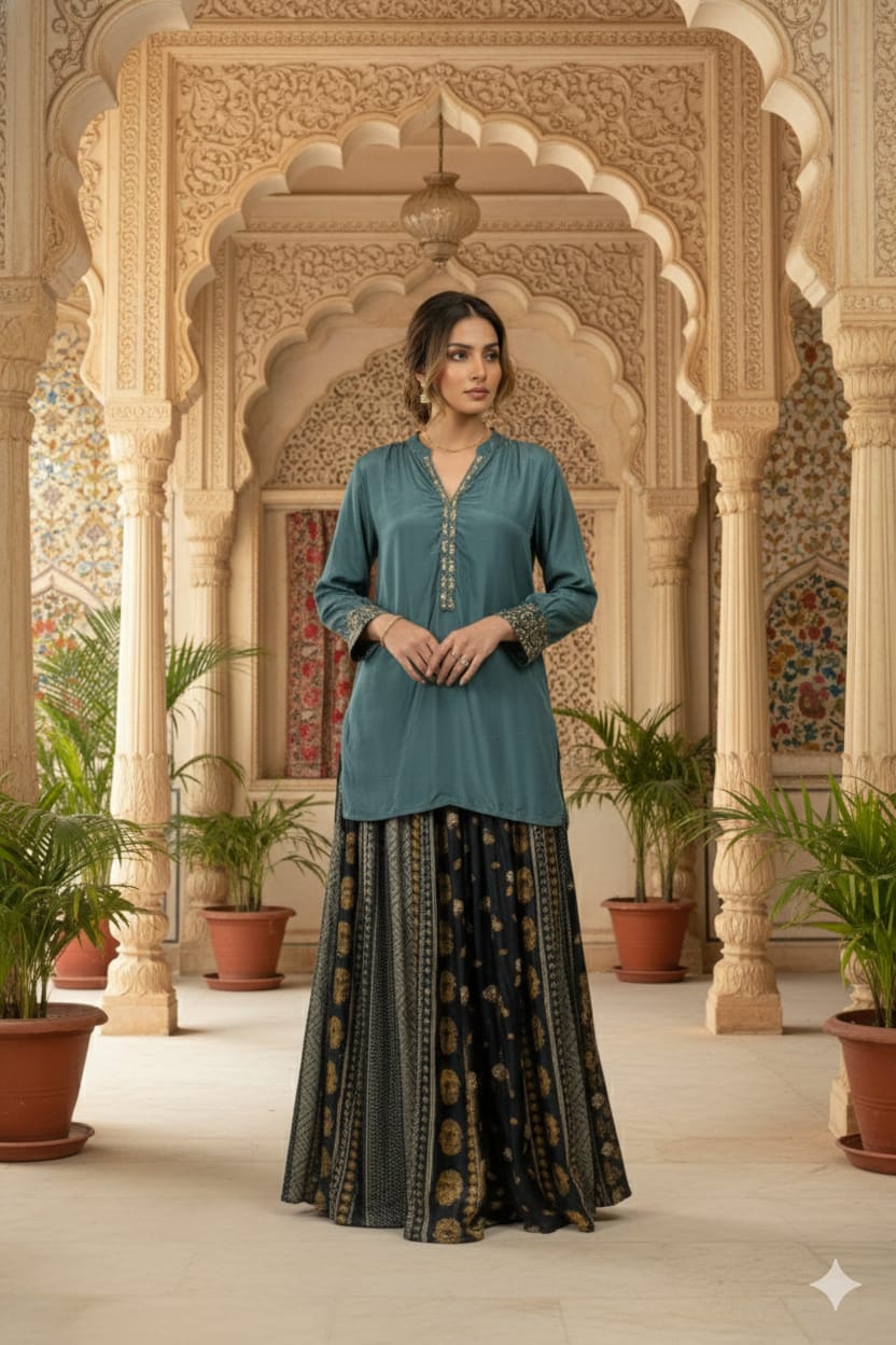 Aqua green short satin silk kurta with full flair printed palazzo