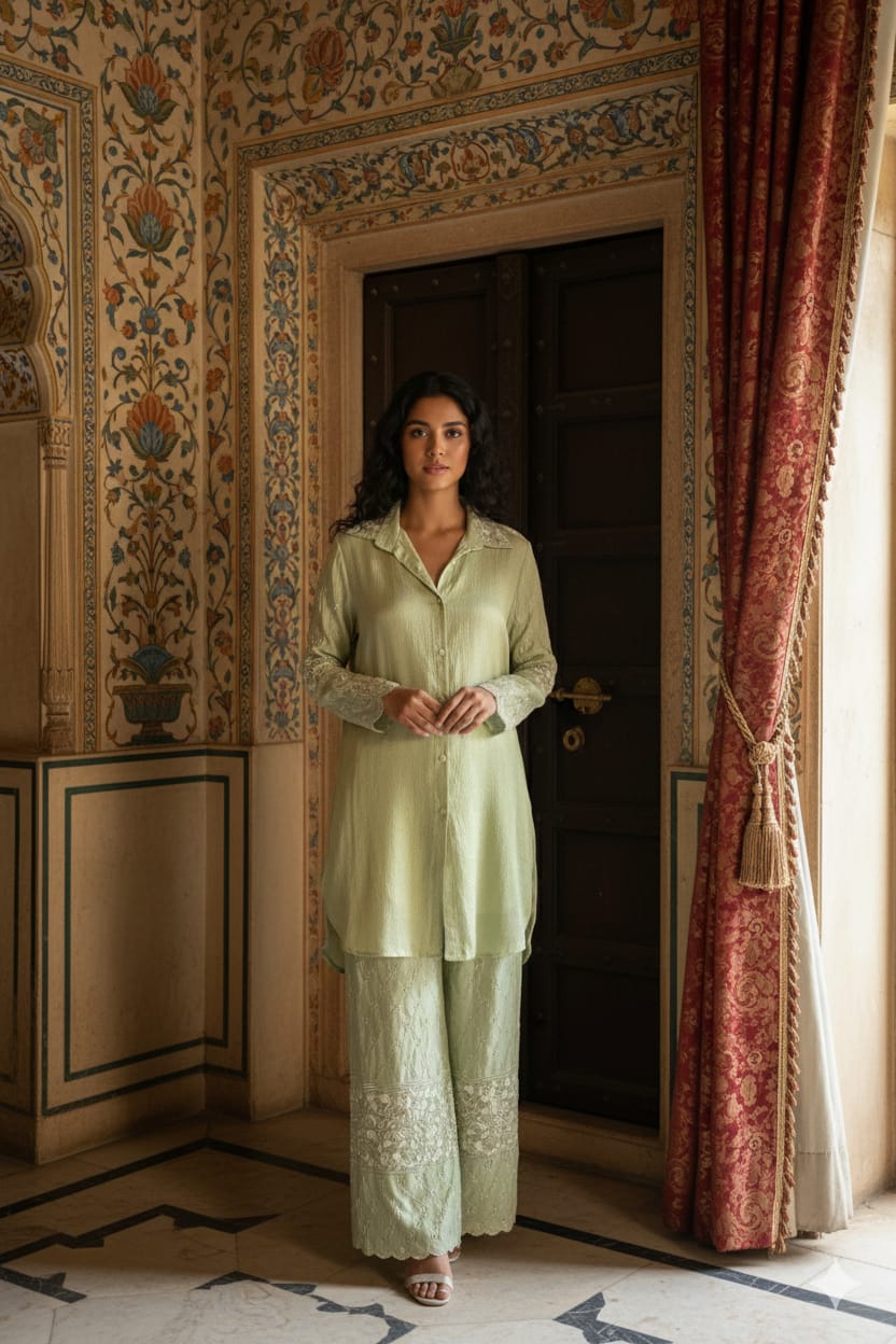 Light green co-ord set with thread work