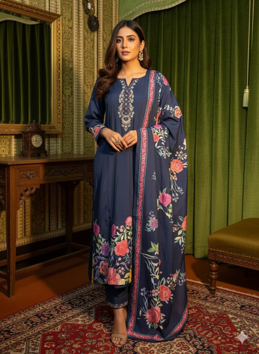 Blue color printed flair printed kurta and dupatta with plain pants