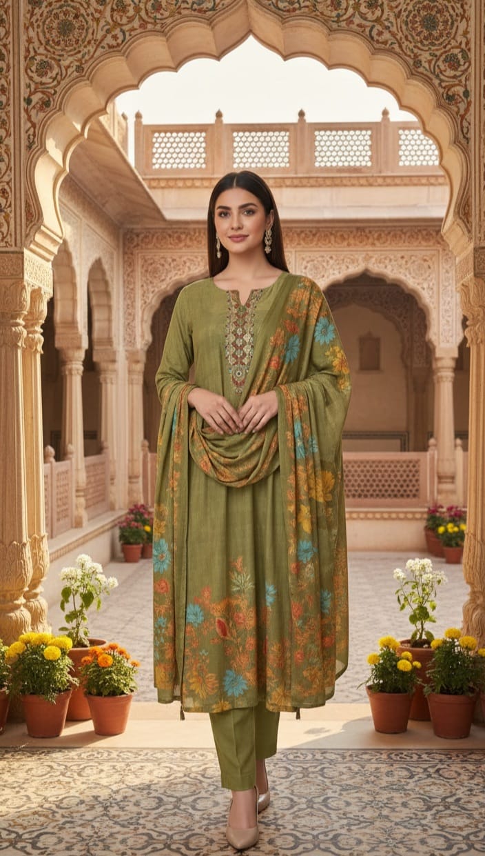 Olive green flair printed kurta and dupatta with plain pants