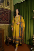 Mustard golden soft silk frock style printed kurta pants and dupatta
