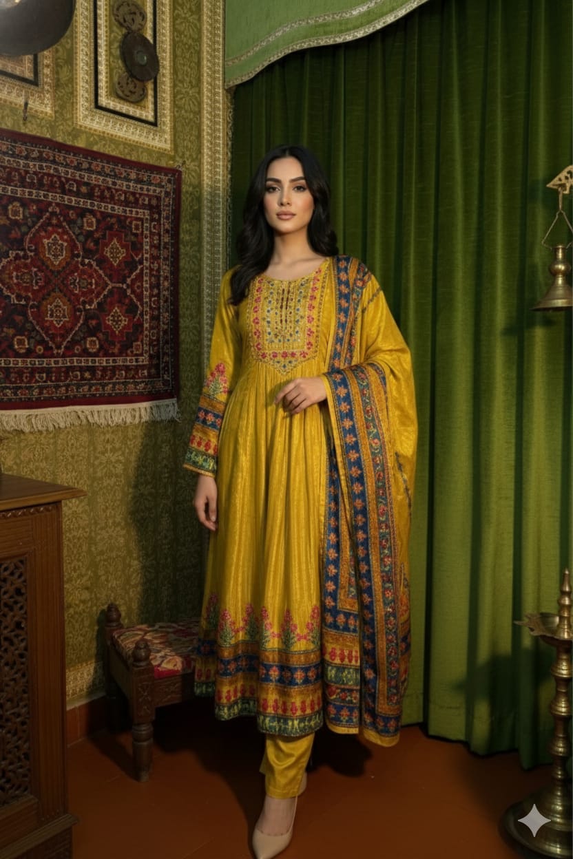 Mustard golden soft silk frock style printed kurta pants and dupatta