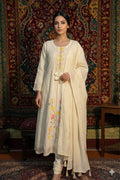Off white cotton and chikan long flaired painted kurta churidar and dupatta