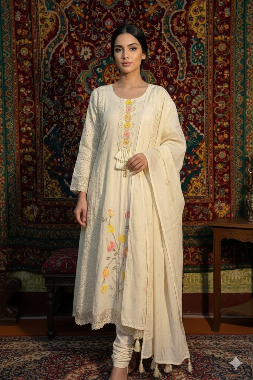 Off white cotton and chikan long flaired painted kurta churidar and dupatta