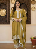 Mustard color modal kurta pant and chiffon dupatta with white lace work