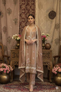 Light brown pakistani modal silk kurta pants and dupatta set with multi color thread work all over