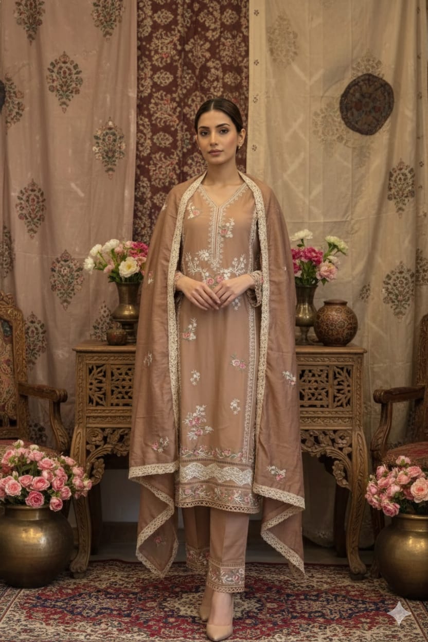 Light brown pakistani modal silk kurta pants and dupatta set with multi color thread work all over