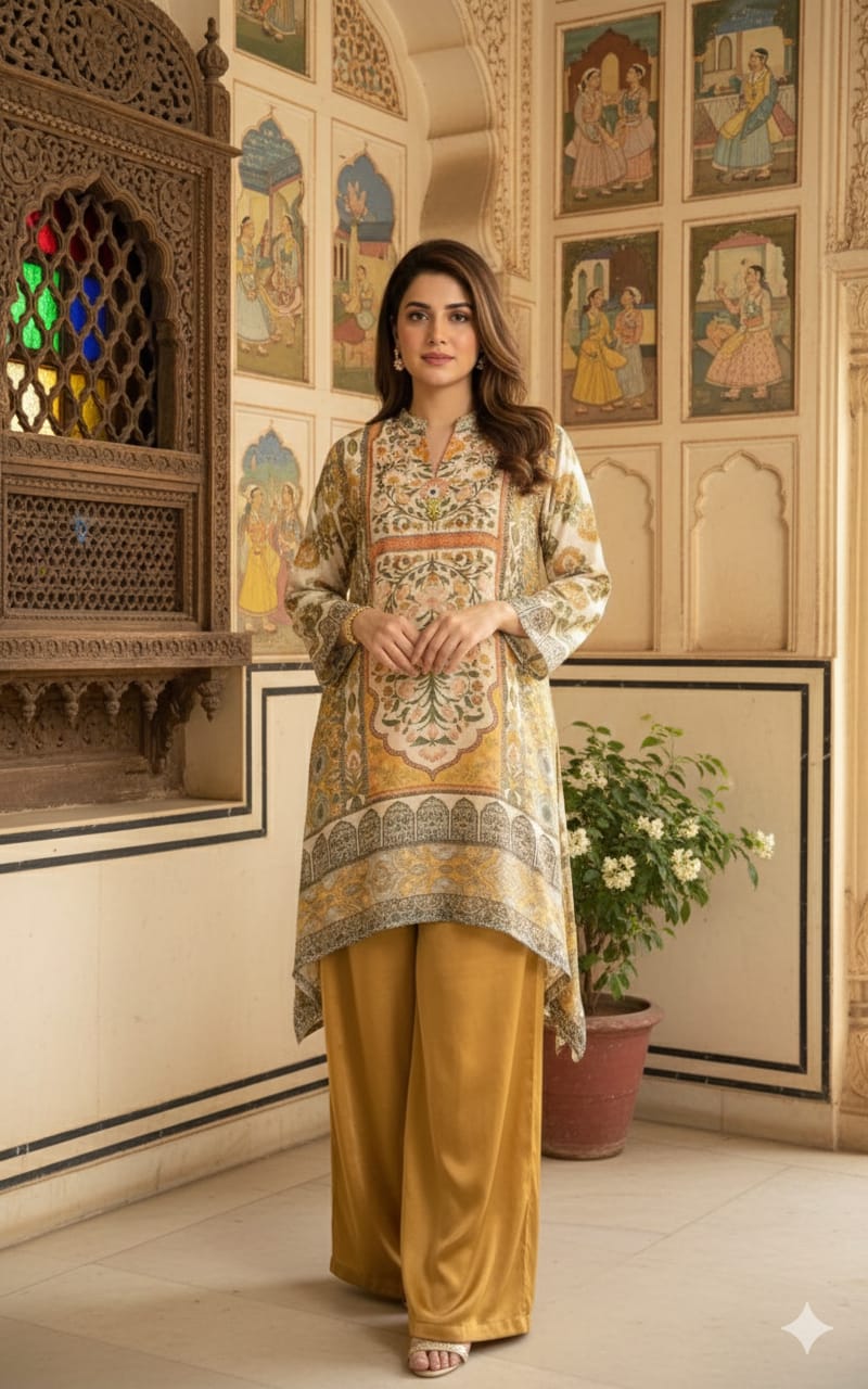 Golden soft satin printed co-ord set