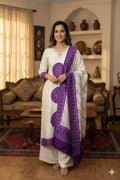 White silk kurta pants and dupatta with beautiful purple bandhani print