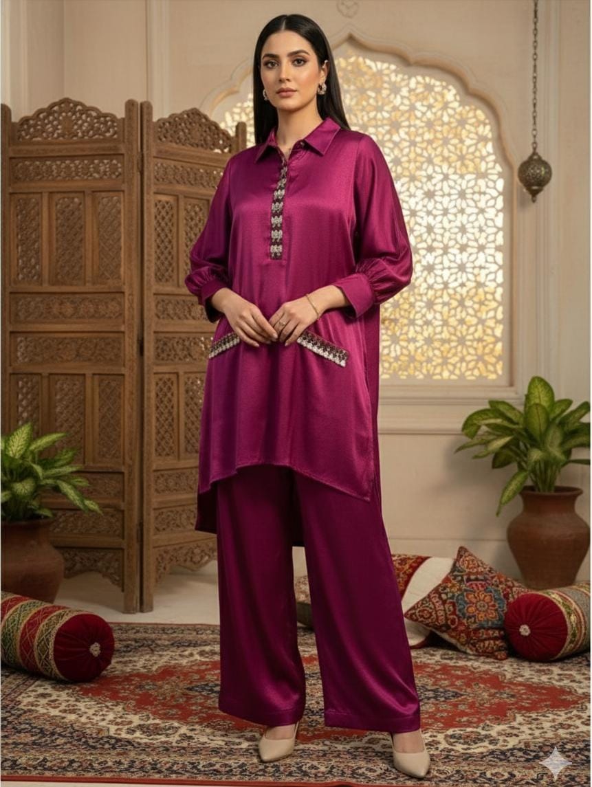 Maroon satin silk co-ord set with embroidery