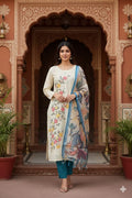 White chanderi cotton fabric painted suit with digital print dupatta