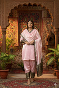 Pink satin kurta and  farshi salwar, dupatta with blue banarasi silk borders
