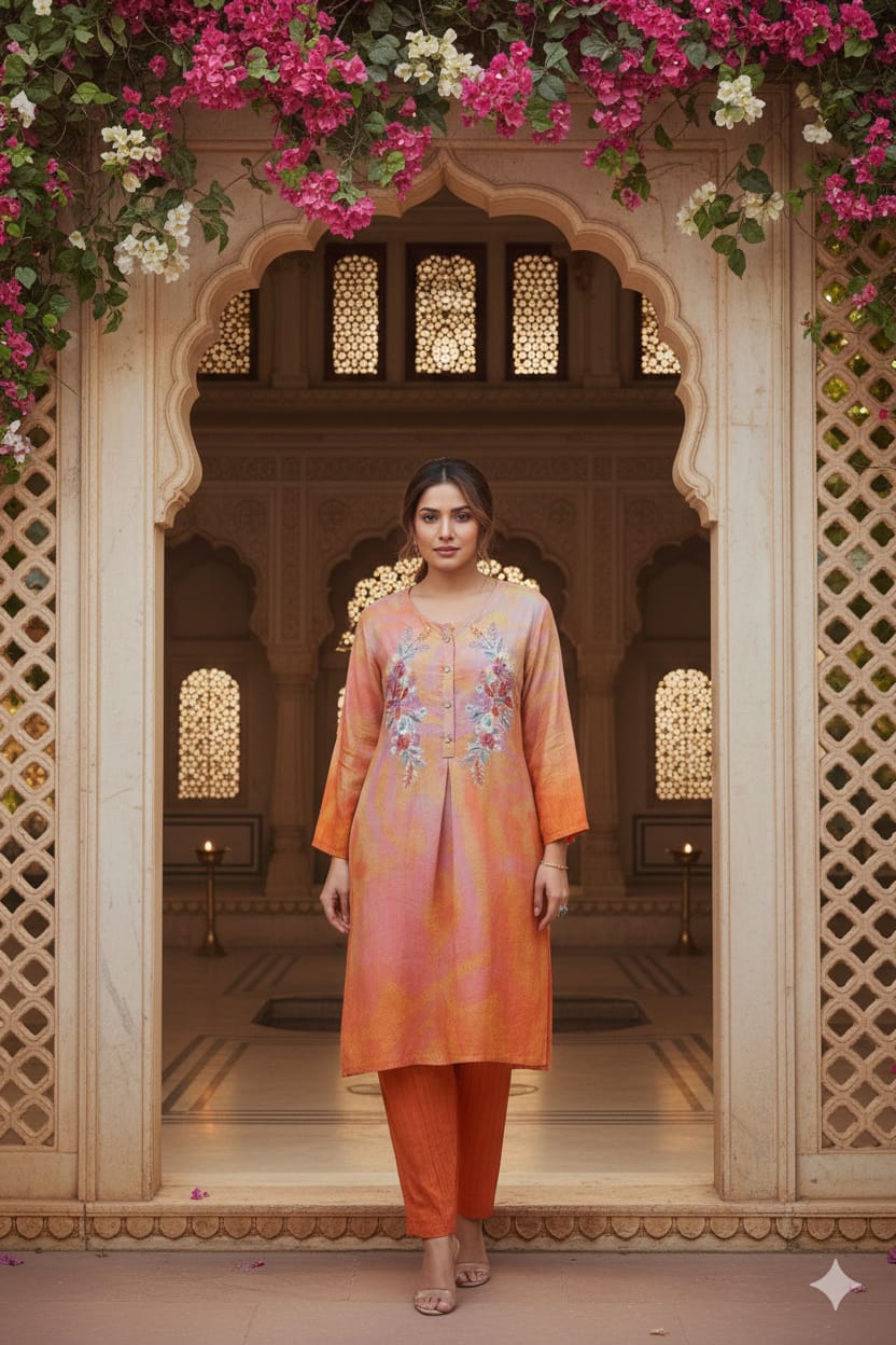 Orange silk embroidered co-ord set