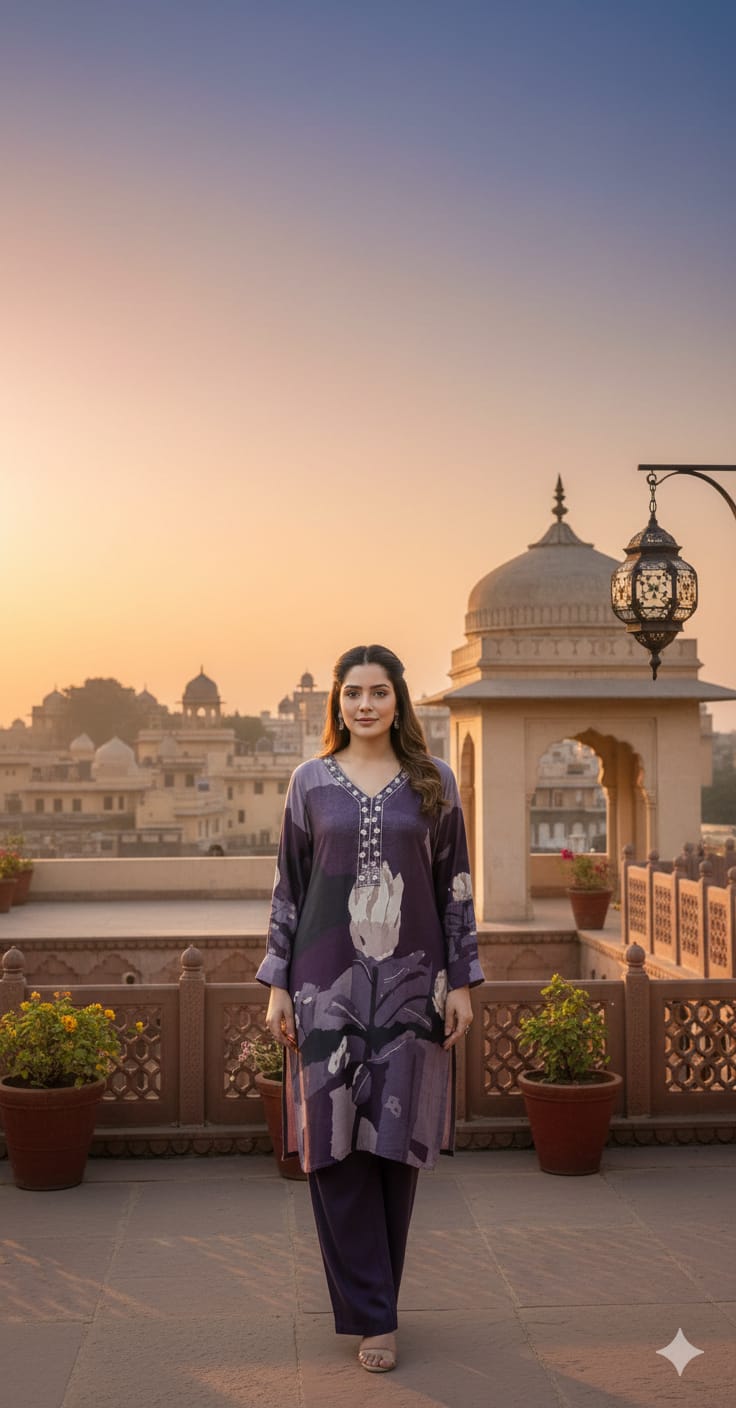 Purple silk printed kurta and pants with embroidery