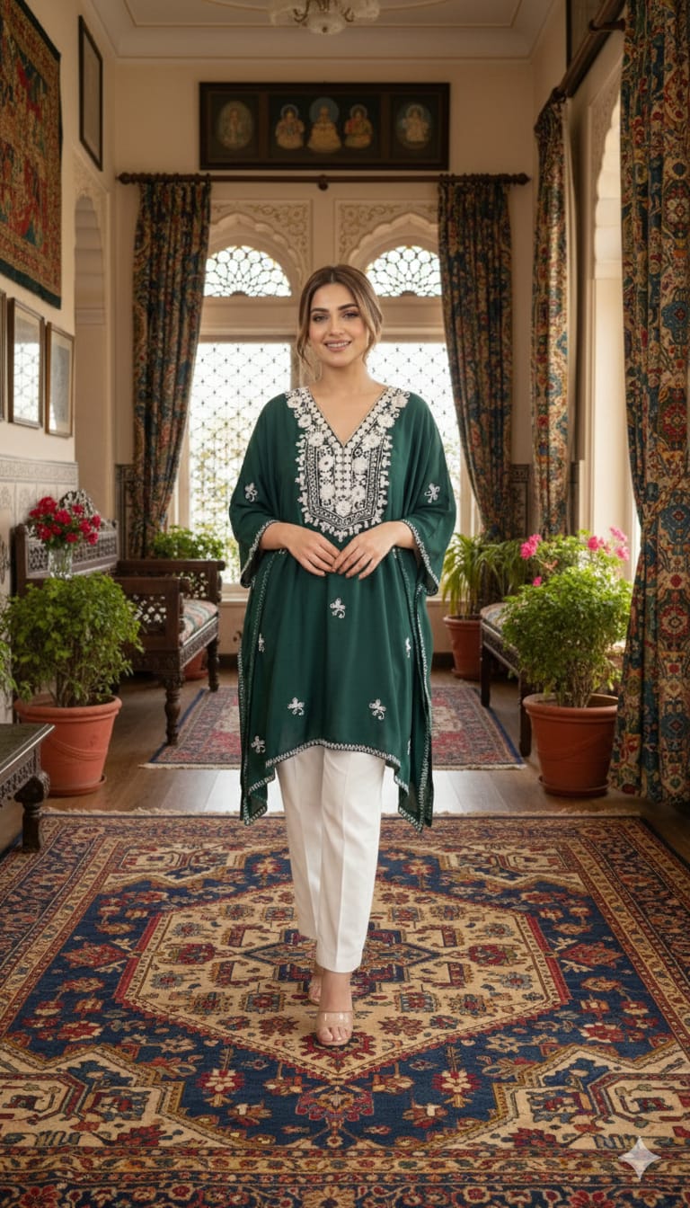 Dark green modal silk kaftan white white thread work and pants