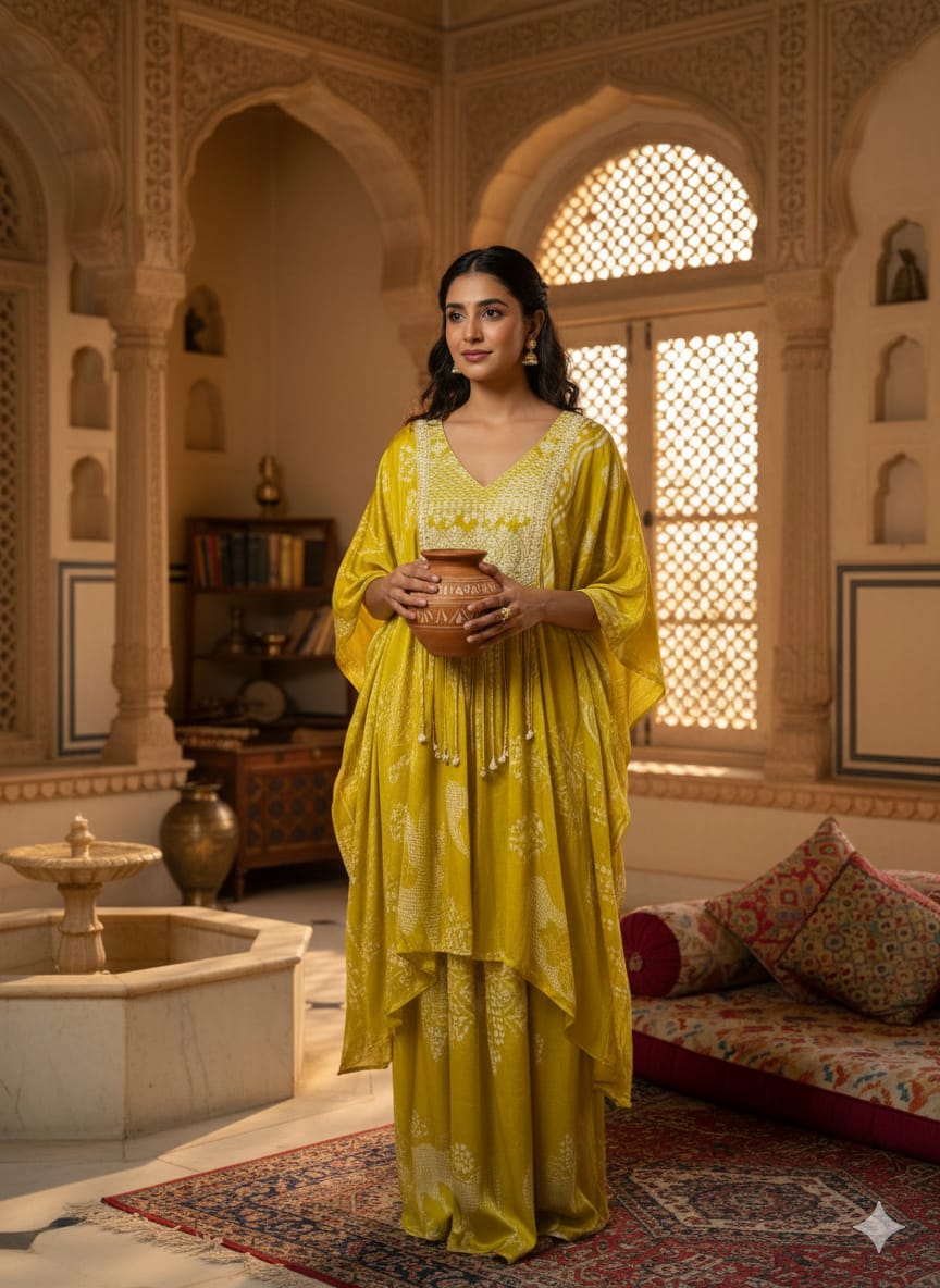 Mustard color printed chiffon kaftan with palazzo