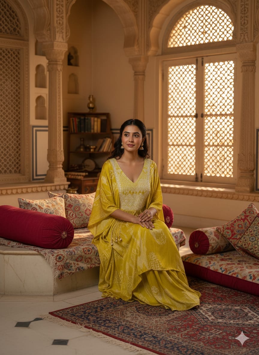 Mustard color printed chiffon kaftan with palazzo